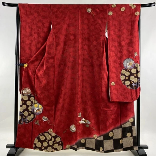 Woman Japanese Kimono Furisode Silk Koma Rabbit Embroidery Gold Thread Red