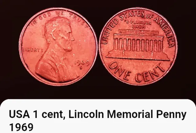 1969 S USA 1 Cent Coin BONUS OFFERS. Abraham Lincoln Memorial One Penny Bronze