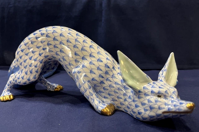 Herend Figurine - Large Sneaky Fox 11.5" L - Blue Fishnet