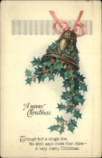 CHRISTMAS ~ holly gold bell ~ 1922 to Ethel Leonard Dedham MA ~ postcard