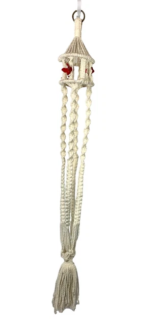 Vintage White Macrame 45" Plant Hanger Ceramic Red Bird Beads 70's Hippie