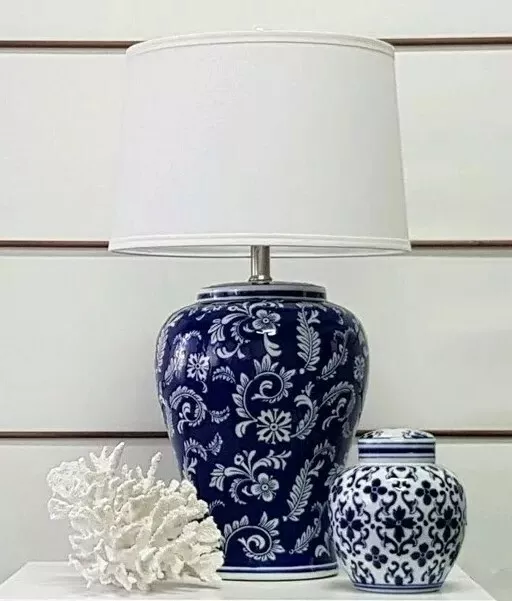 Hamptons Blue/White Ceramic Blossom Pattern Table Lamp with White Shade RRP $337