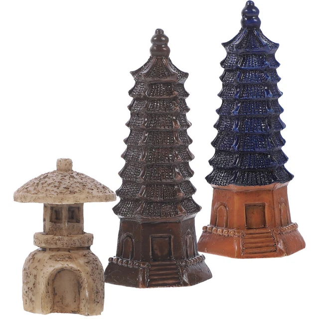 3pcs Mini Pavilion Statue Resin Pavilion Bonsai Micro Landscape Pagoda