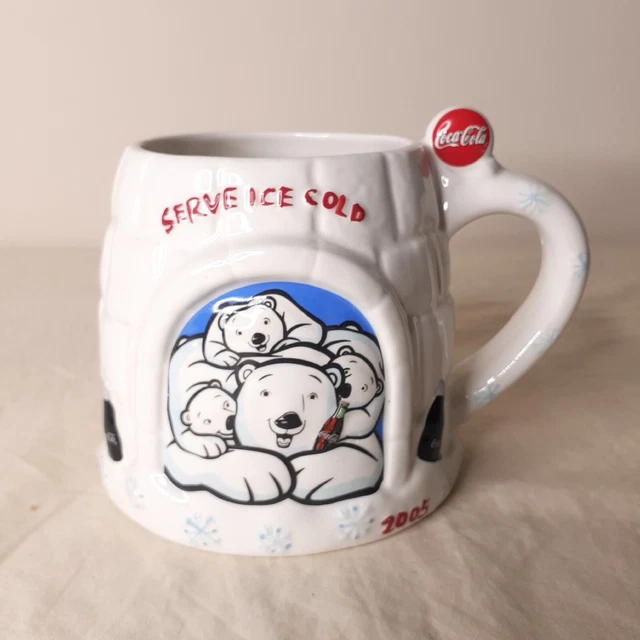 2005 Coca Cola Mug Cup Polar Bear Family in an Igloo Houston Harvest