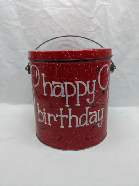 Vintage Red Happy Birthday Bucket Tin 6 1/2" X 7 1/4"