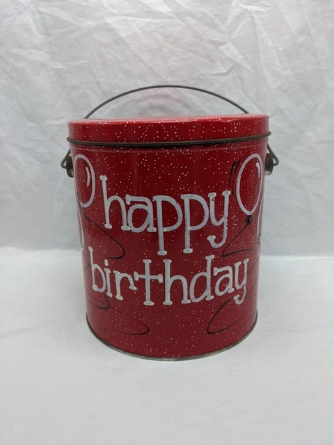 Vintage Red Happy Birthday Bucket Tin 6 1/2" X 7 1/4"