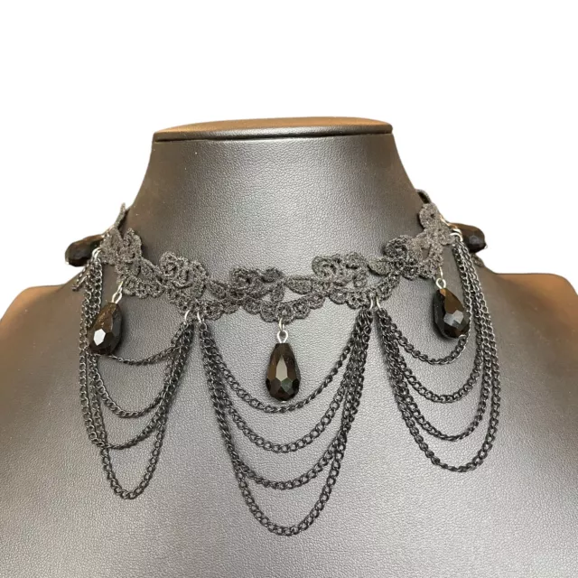 Vintage Style Victorian Gothic Drape Black Lace Choker Chain Dangle Necklace