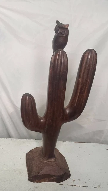 Vtg Carved Ironwood Saguaro Cactus Owl Sculpture Southwestern Folk Art 8”