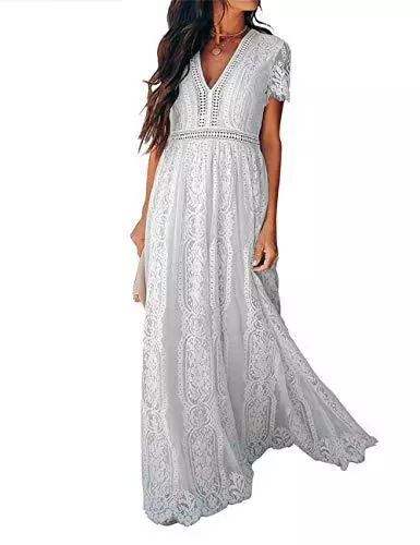 Ecosunny Womens Deep V Neck Short Sleeve Floral Lace Bridesmaid Maxi Dress Party
