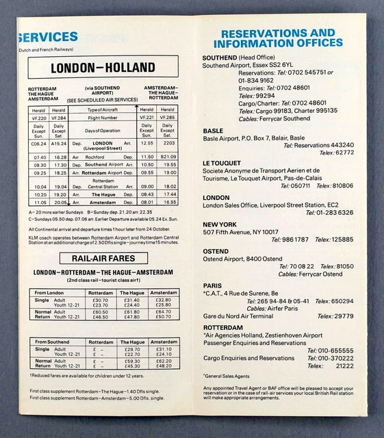 BAF BRITISH AIR Ferries Airline Timetable Summer 1976 Southend Airport