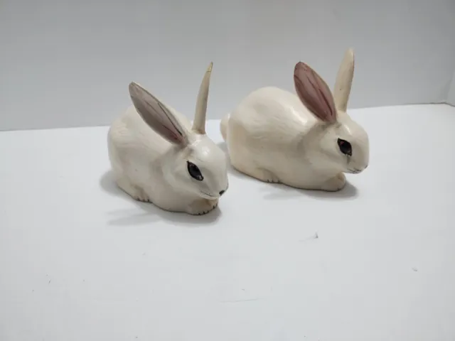 Vintage Easter Bunnies Rabbits Ceramic Pair Of Two Hand Painted Pink Ears 1980s