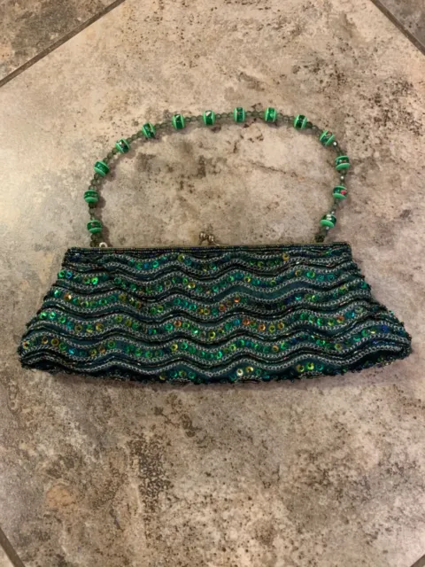 Stunning green clutch handbag ornate beaded sequin purse