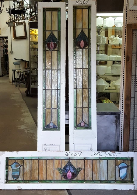 Antique Stained Glass Transom Window with Matching Side Lites