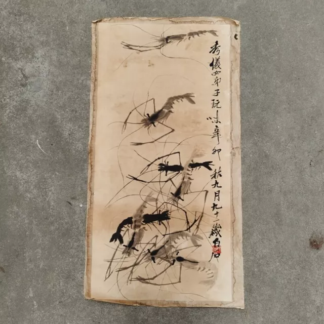 Old Chinese calligraphy Scroll painting Hand Painted“Qi Baishi shrimp" Slice