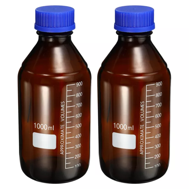 1000mL Amber Reagent Media Graduated Glass Storage Bottle Blue Cap 2Pcs