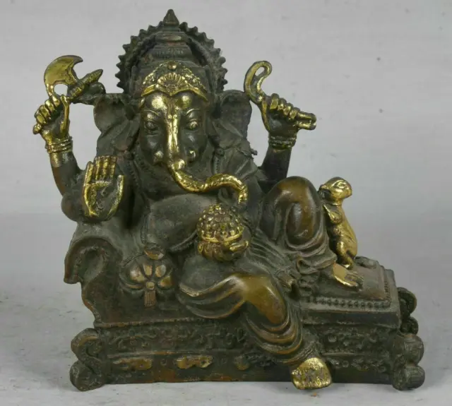 4.8" Old Tibet Bronze Gilt Temple 4 Arms Ganesha Elephant God Buddha Seat Statue
