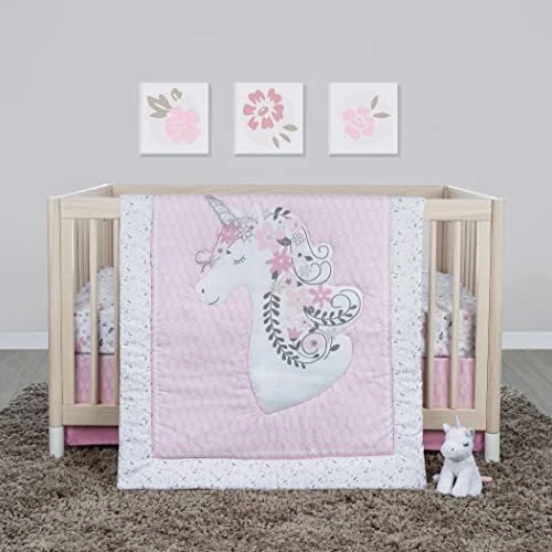 Unicorn Floral 4-Piece Baby Nursery Crib Bedding Set, Includes Quilt, Fitted