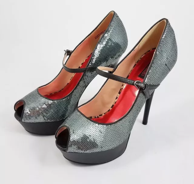 Fredericks of Hollywood Silver Sequin Pumps Peep Toe Stiletto Heels Womens 8.5 M