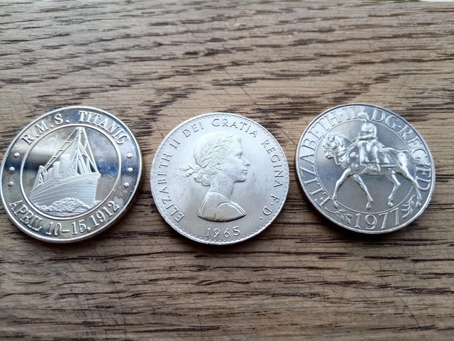 Set of three coins, Sir Winston Churchill, Queen Elizabeth II, and Titanic.