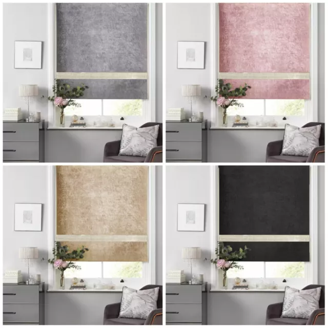 Crushed Velvet Blackout Dim Out Diamante Trim Roller Blinds, Child Safe Easy Fit