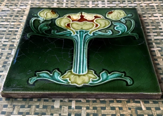 England - Antique Art Nouveau Majolica Tile C1900 2