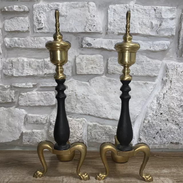 Federal Style Brass and Cast Iron Pair of Andirons Black & Gold 21” Tall