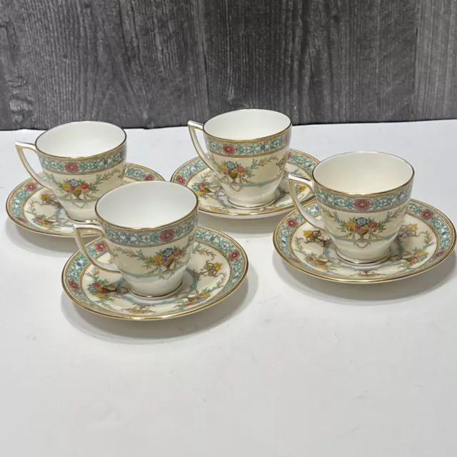 Set 4 Minton H3673 Demitasse Cups an Saucers Floral Sprays Basket of Flowers
