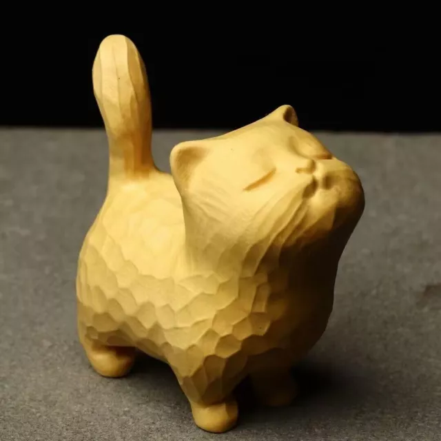 Lovely Chinese Boxwood Wood Hand Carved Cat Statue Netsuke Table Decoration