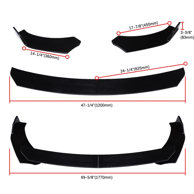 Kit Paraurti Anteriore In ABS Universale - 4 Pezzi Labbro Splitter Per Auto, Nero Lucido