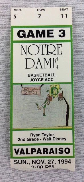 1994 11/27 Valparaiso at Notre Dame Basketball Ticket Stub - Seat 11