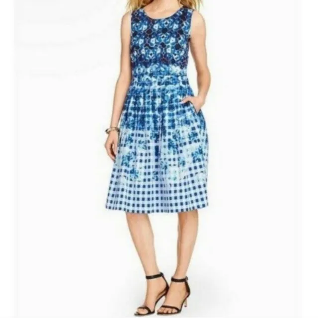 Talbots Blue Floral Ombre Gingham Plaid Fit and Flare Pleated Dress Size 14 New