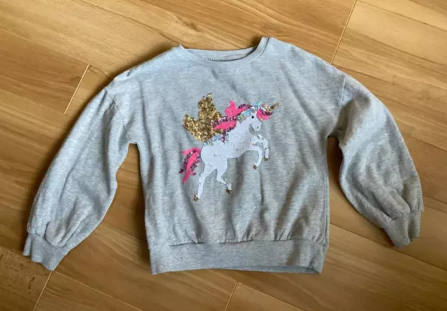 Girls next green ribbed grey flip sequin unicorn jumper sweatshirt age 6-7 years 3