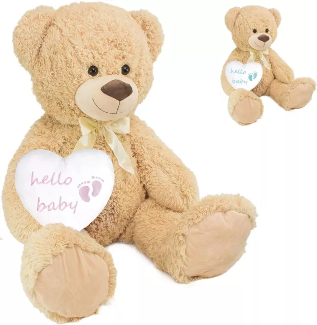 Caja Regalo Bebé Oso de Peluche 100 cm Beige + Corazón de Peluche Azul / Rosa