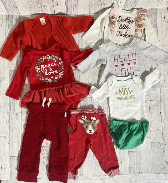 Holiday Mixed Lot of 7 - Baby Girl Clothes 0-9M Pants, One-piece, Sweater, Other