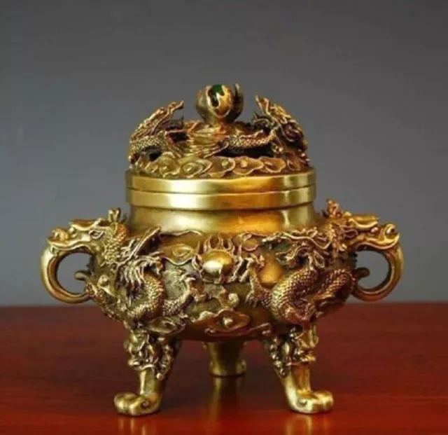ancient Censer handwork Copper 9 dragons delicate inlaid tripod Incense Burners