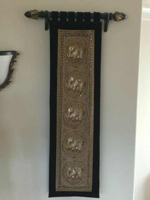 Vintage Thai Burmese Kalaga Wall Hanging Hand Embroidered Tapestry- 65'X20"-&Rod