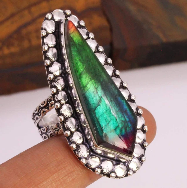 Color Enhanced Multi Fire Labradorite 925 Silver Plated Handmade Ring US Size 7