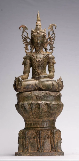 Ancien Birman Style Bronze Shan Statue de Bouddha Éléphant Trône - 61cm/24 "