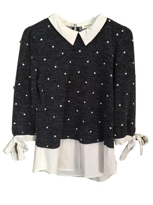 Monteau Los Angeles Women's Small 3/4 Sleeve Navy Polka Dot Knit Top Faux Layer