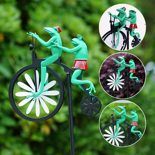 FUNNY METAL FROG Riding Spinners Vintage Bicycle Wind Sculptures Garden