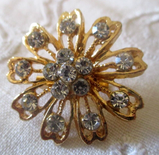 Broche Rosace Cœurs Or Et Cristaux - Style Vintage 1843 - Occasion Parfait état