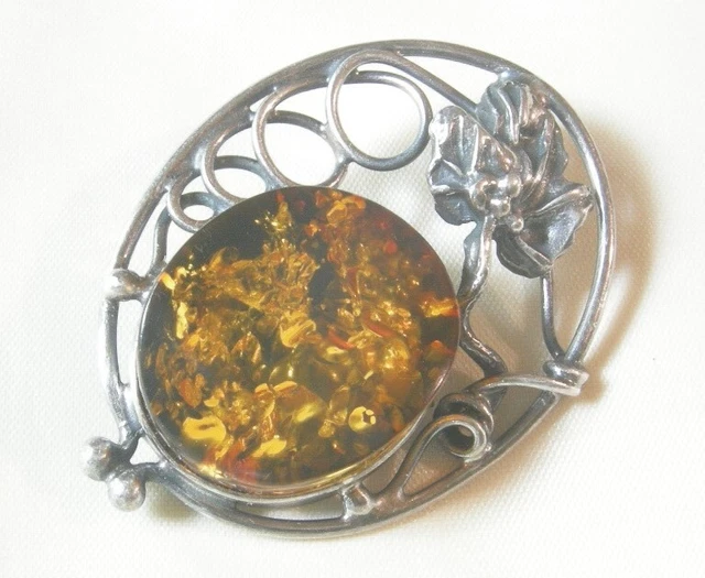 Pendentif/broche Ancien En Argent Massif Et Ambre - Vintage, Occasion Bon état