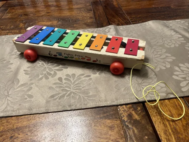 Fisher Price #870 Pull A Tune Xylophone Vintage 1978 Wood Plastic Wheels String