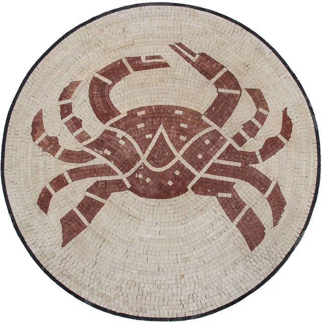 Mosaïque de marbre médaillon rond Sea Life crabe rouge