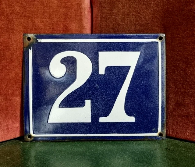 Vintage French large domed enamel house sign white raised number 27 for door .