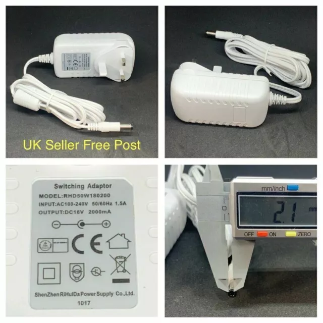 White Switching Power Adaptor Charger - Input AC100-240V Output DC18V 2.1mm UK