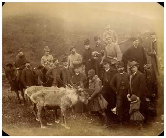 Laponie, photo d&#039;un groupe de touristes avec des rennes Vintage print,  T