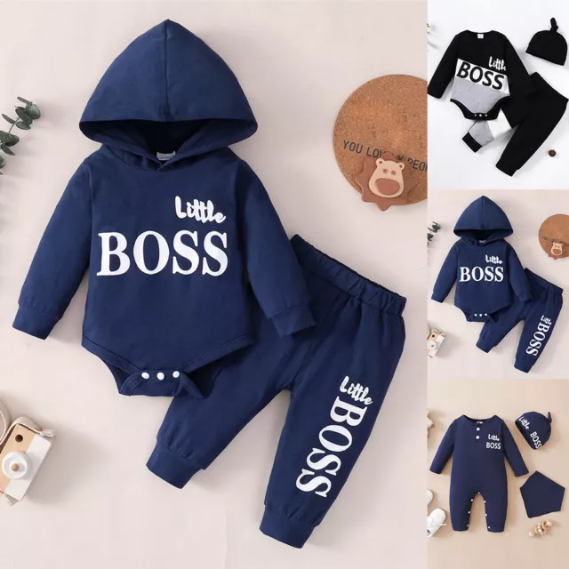 Newborn Baby Boys Little Boss Outfit Set Romper Jumpsuit Hooded Bodysuit Clothes