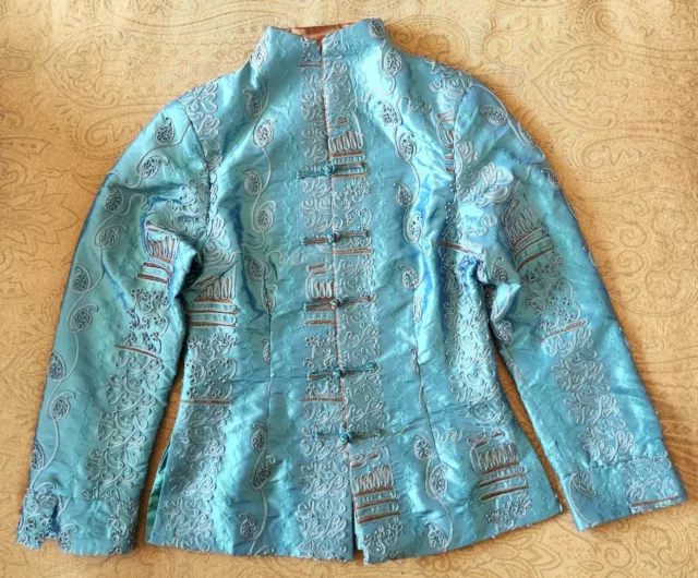 SHANGHAI SOHO Womens Silk Kimono Style w/ Frog Closures Small Teal/Brown JACKET