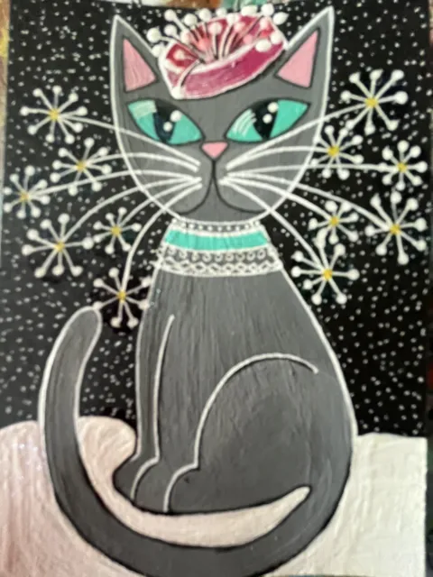 Original Painting ACEO Art Card 2.5 x 3.5 Signed  Whimsical  Cat